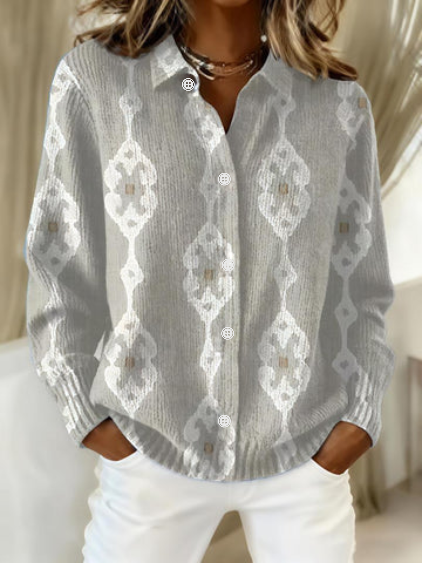 Renee™ – Elegant Knit Hoodie Blouse with Diamond Pattern